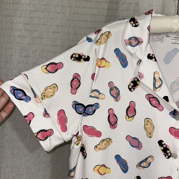 89th+MADISON L White Colorful Flip Flops Notch Collar Short Sleeve Pants PJ Set - Picture 9 of 14